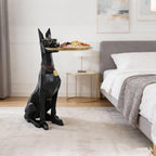 29-Inch Black Resin Geometric Doberman Statue with Tray, Dog Side Table