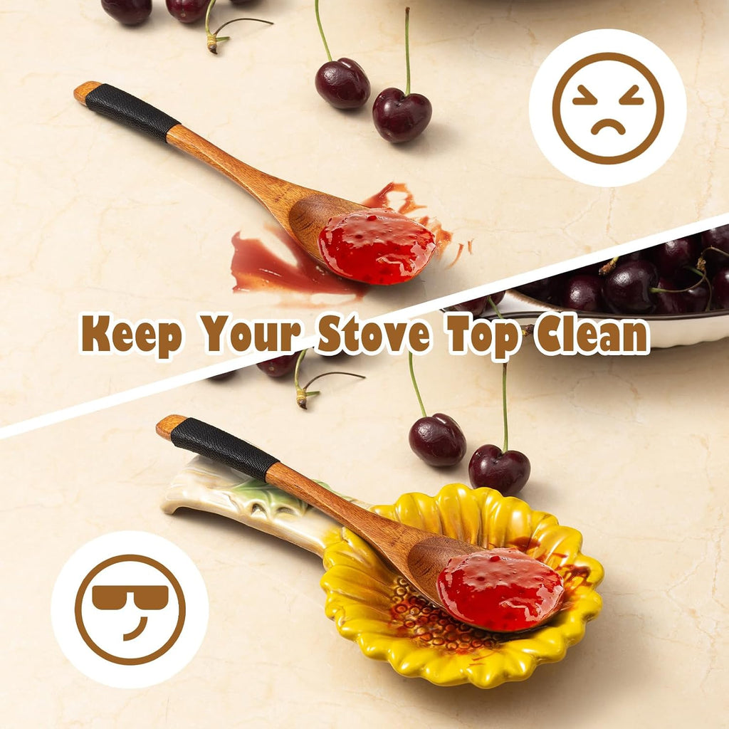 2 Pack Spoon Rest for Stove Top, Sunflower Ceramic Spoon Holder for Kitchen Counter Cooking Utensil Ladle Spatula Holder Cute Spoon Rest Sunflower Kitchen Decor Items House Warming Birthday Gift