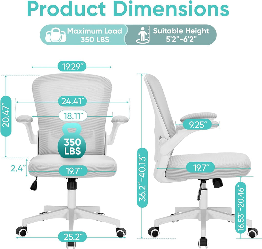 Office Chair, Ergonomic Desk Chair with Adjustable Lumbar Support and Flip up Armrest, Breathable Mesh Computer Chair for Home Office & Rolling Work Swivel Task Chairs