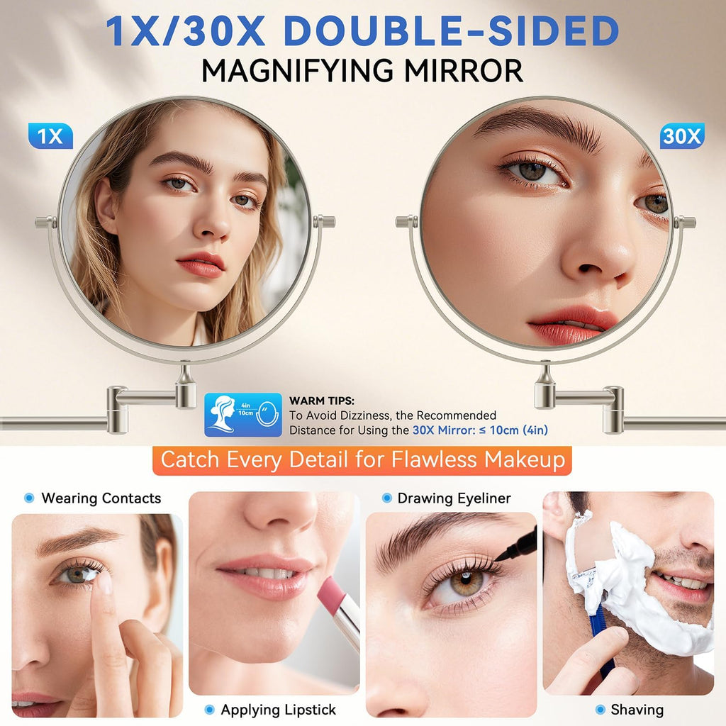 Auxmir 8" Double-Sided Wall-Mounted Makeup Mirror, 1X/30X Magnifying Mirror