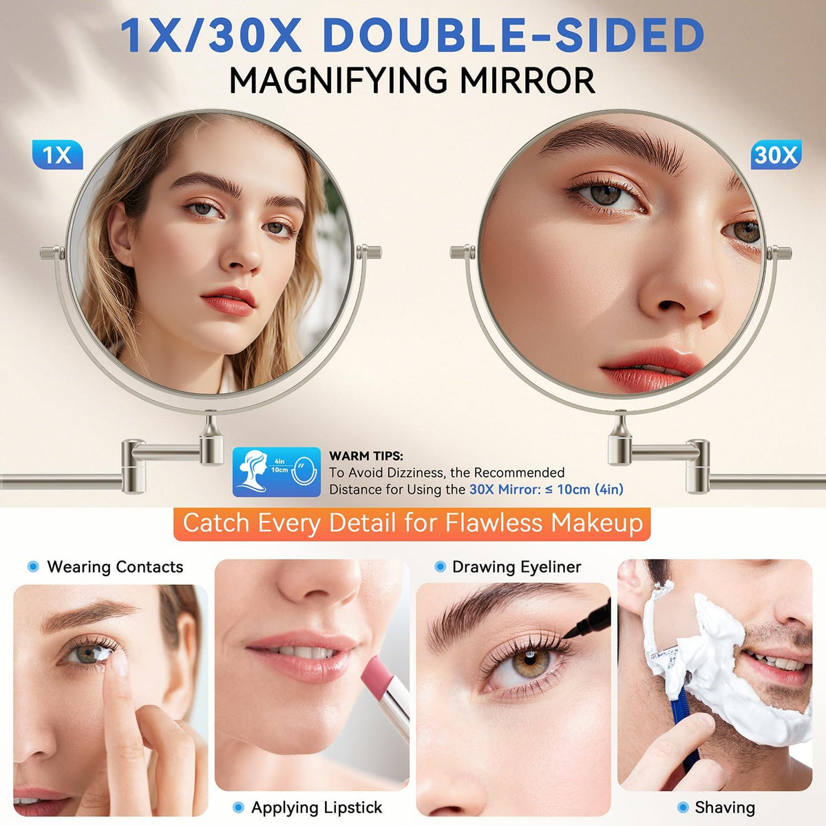 Auxmir 8" Double-Sided Wall-Mounted Makeup Mirror, 1X/30X Magnifying Mirror
