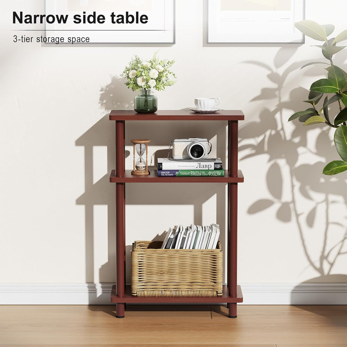 Apicizon Small Narrow Side Table, 3-Tier Skinny End Table, Dark Brown