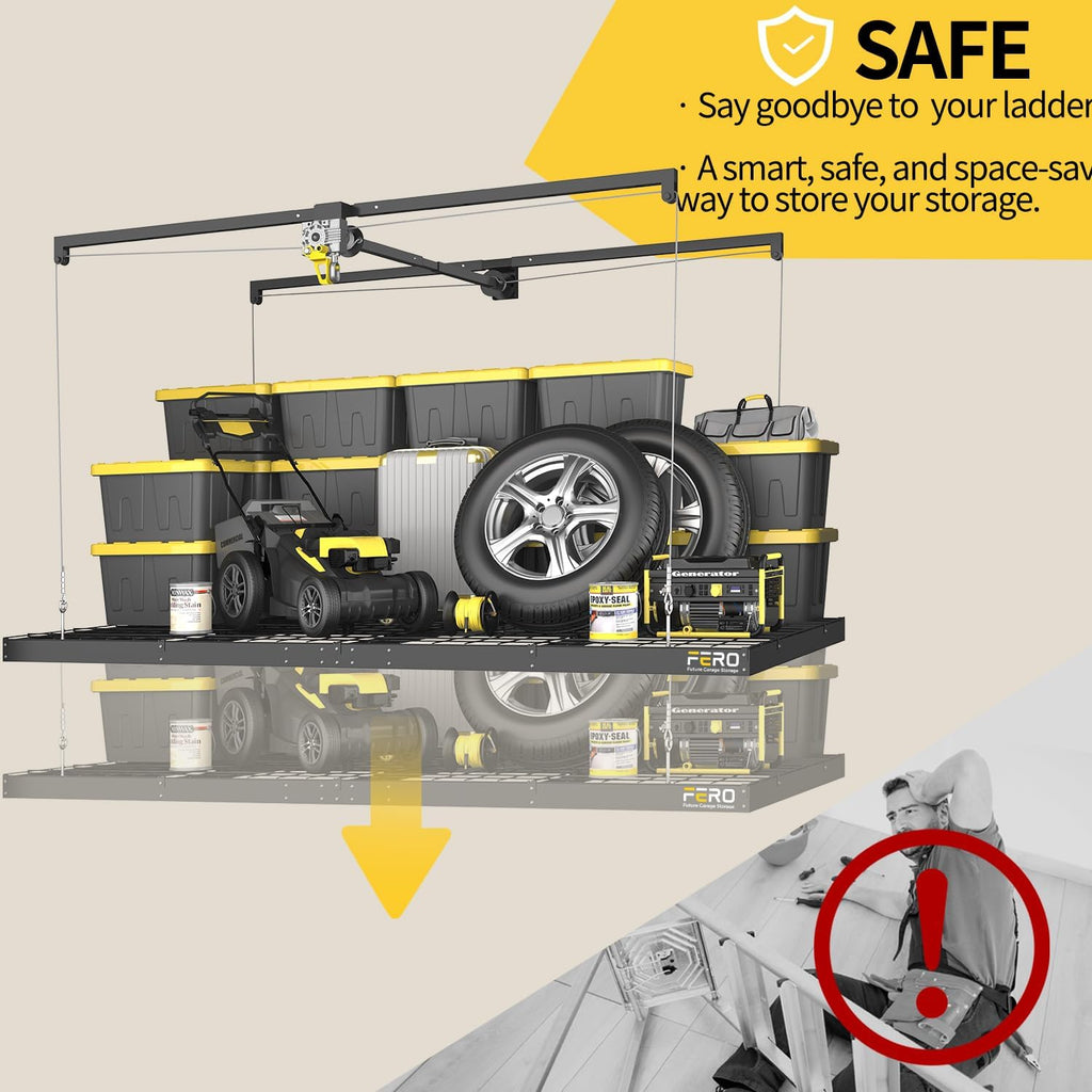 Garage Ceiling Storage Racks – 4x8 FT Overhead Garage Storage Rack with Safety Lock, Heavy-Duty Ceiling Mounted Lift System and Storage Organizer, Ideal for Maximizing Overhead Space, 325 lbs Capacity