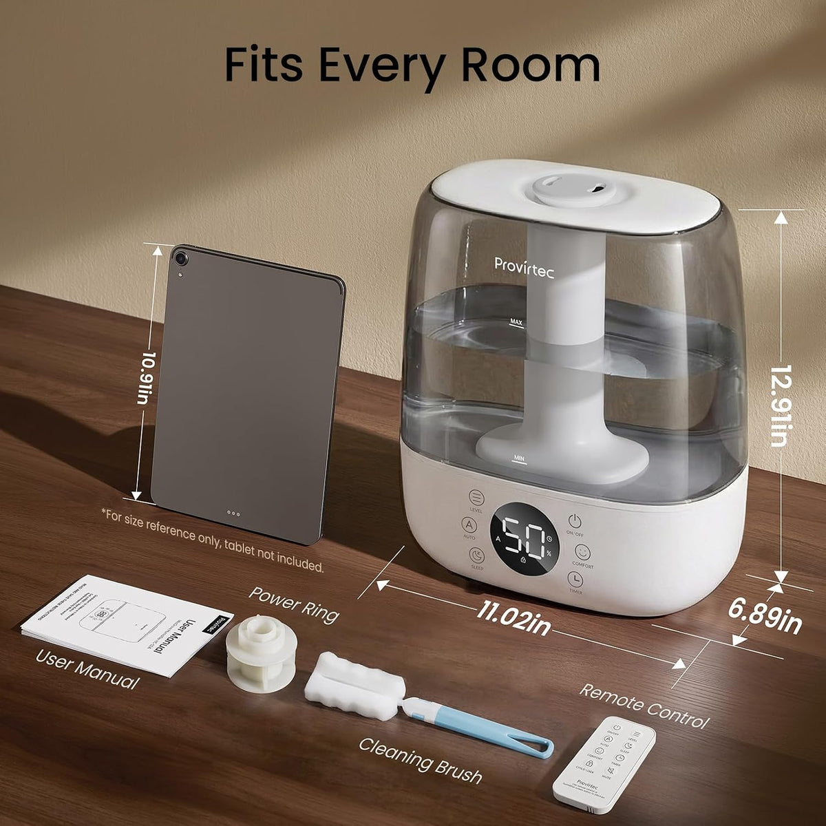 Provirtec Cool Mist Humidifier for Bedroom Easy to Clean, 6L Ultrasonic