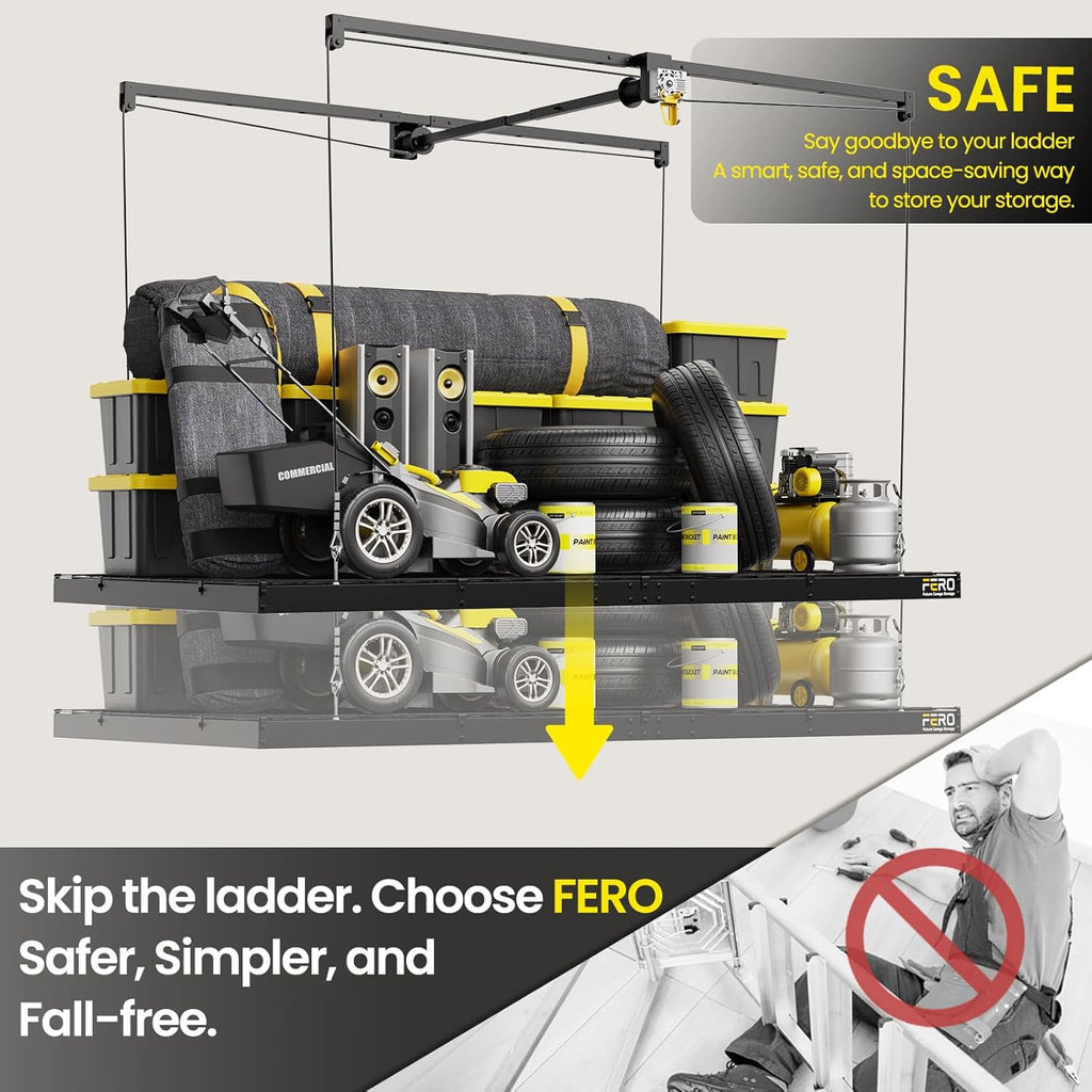 FERO Overhead Garage Storage Rack 4x8, 500 lb Heavy-Duty Capacity