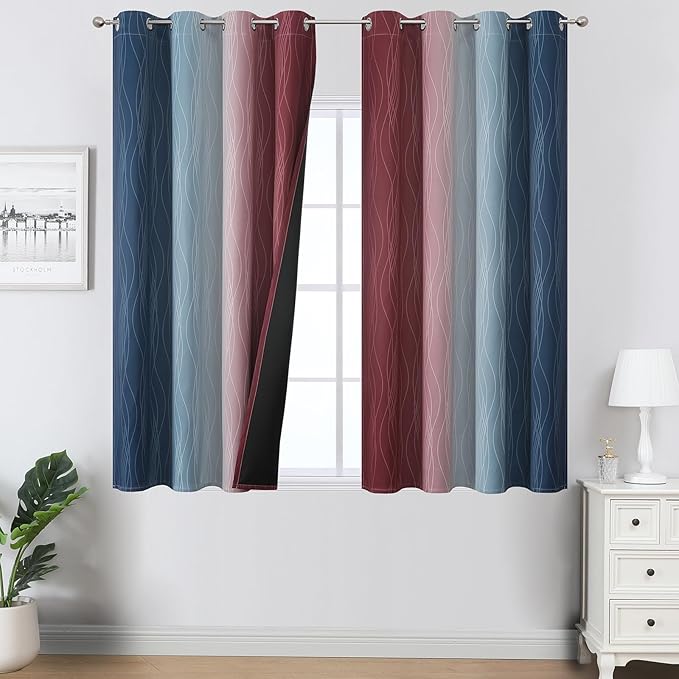 Estelar Textiler Navy Blue and Burgundy Red Ombre Blackout Curtains 45 Inches by ESTELARTEXTILER