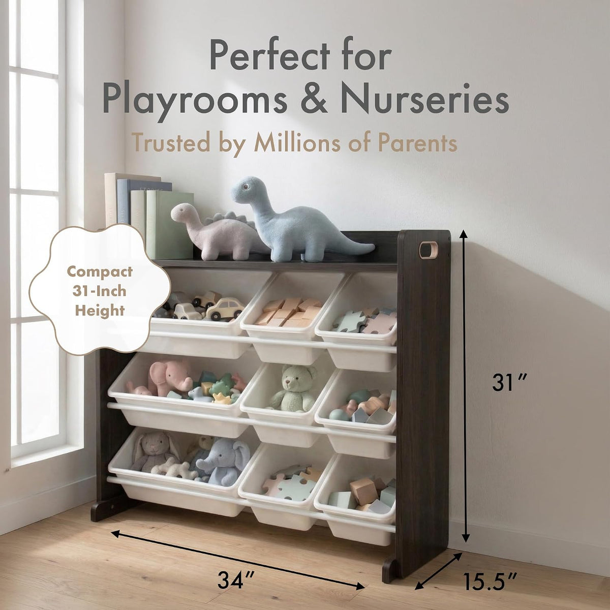 Humble Crew Kids Toy Organizer with Display Shelf, 9 Bins, 3 Tier Storage