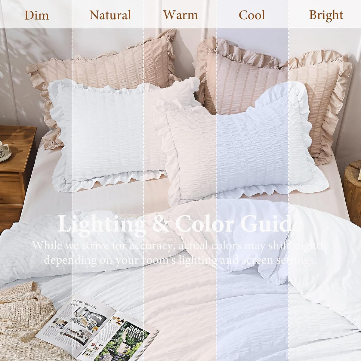 JOLLYVOGUE Bright White Queen Comforter Set,3pcs Ruffle Seersucker Bed Set