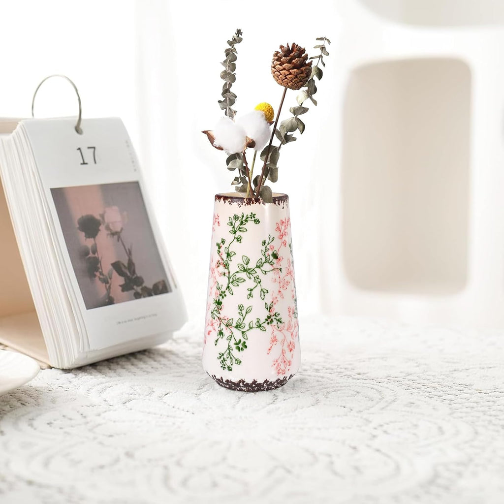 Ceramic Vase, GUKJOB Small Cute Flower Vase for Pampas Grass, Home, Living Room, Dining Table, Farmhouse, Office Decor, Bedroom, Table, and Kitchen Shelf (Green & Pink-A)