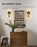 KDG Cordless Gold Wall Sconces Set of 2, Black Fabric Lampshde Wall Lamps