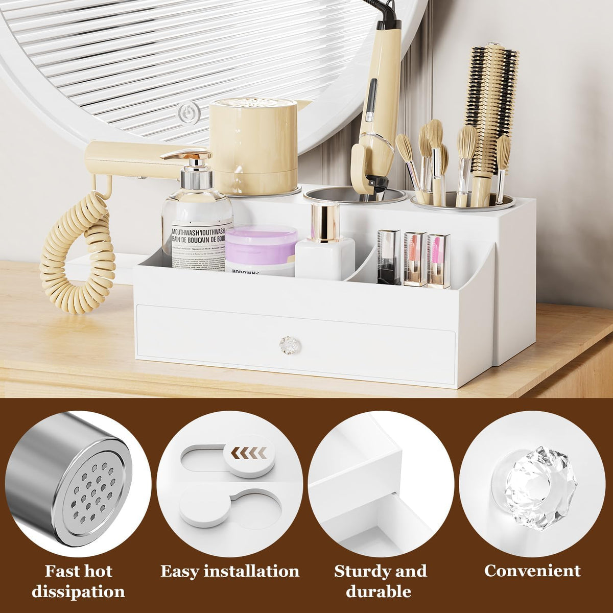 Hot Hair Styling Tool Organizer with Drawer & 3 Cooling Cups, White