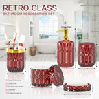 Red Bathroom Accessories Set, Glass Soap Dispenser Set with Rust Proof Stainless Steel Pump, Soap Holder, Toothbrush Holder, Tumbler, Cotton Swab Jars, Wine Red Bathroom Set Bathroom Decor Sets Gift