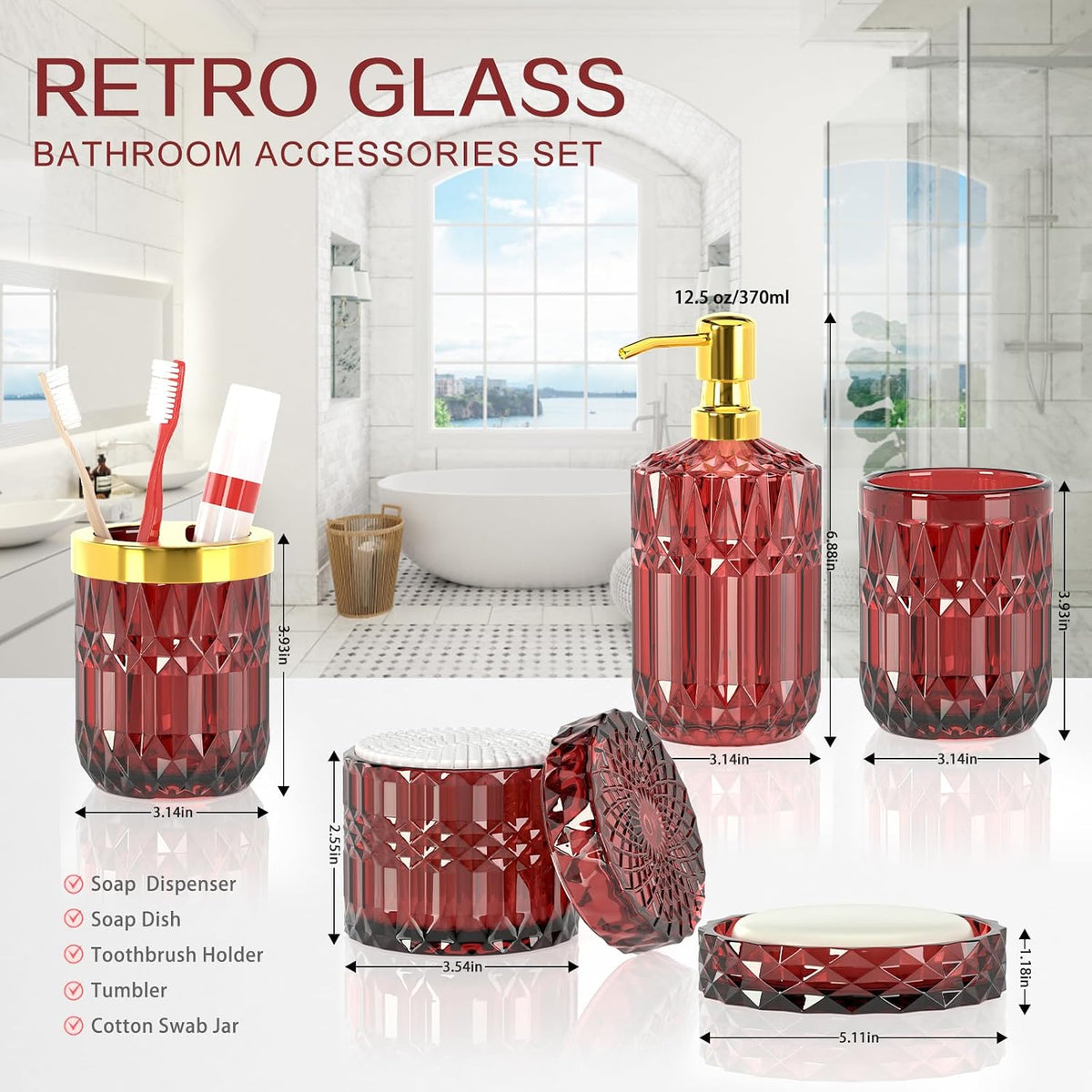 Red Bathroom Accessories Set, Glass Soap Dispenser Set with Rust Proof Stainless Steel Pump, Soap Holder, Toothbrush Holder, Tumbler, Cotton Swab Jars, Wine Red Bathroom Set Bathroom Decor Sets Gift