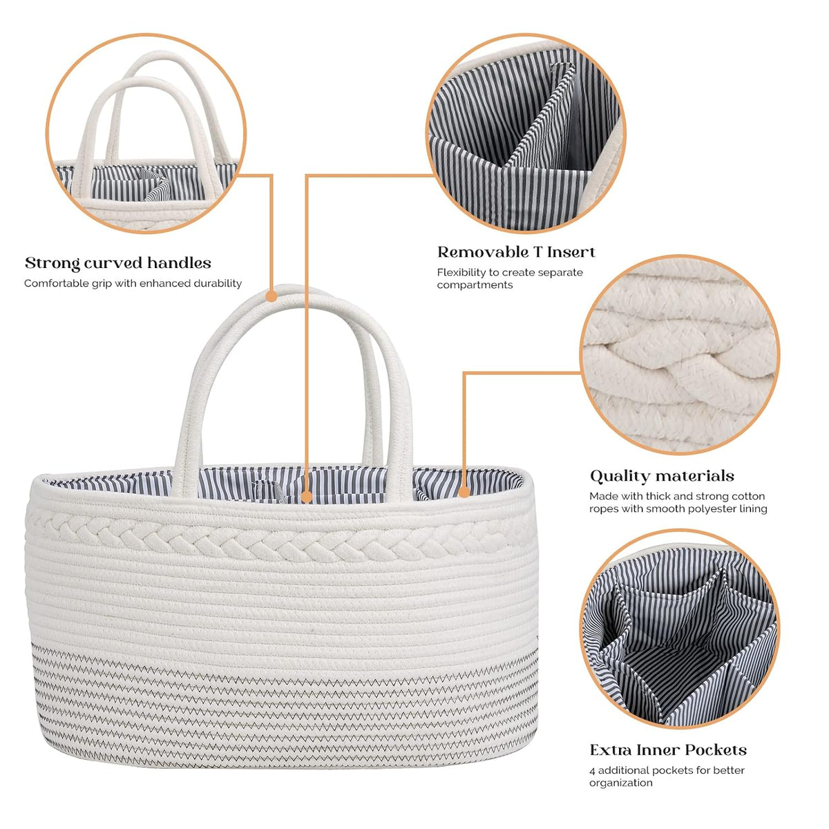 Diaper Caddy Organizer, Large Cotton Rope Nursery Baby Basket, Changing Table Organizer for Baby Diaper Storage, Portable Car Organizer Removable Divider (Off White, Extra Large)
