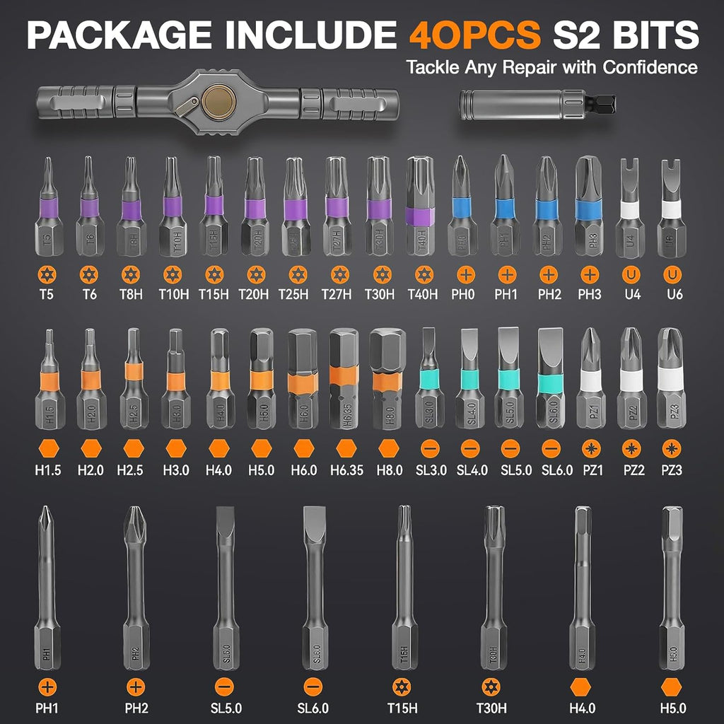 42 in 1 Magnetic Ratchet Screwdriver Set, DIY Ratchet Screwdriver Set with Precision Bits, Ideal for Home Repairs, DIY Projects, and Electronics, Ergonomic Rotatable Ratchet Handle and Storage Case