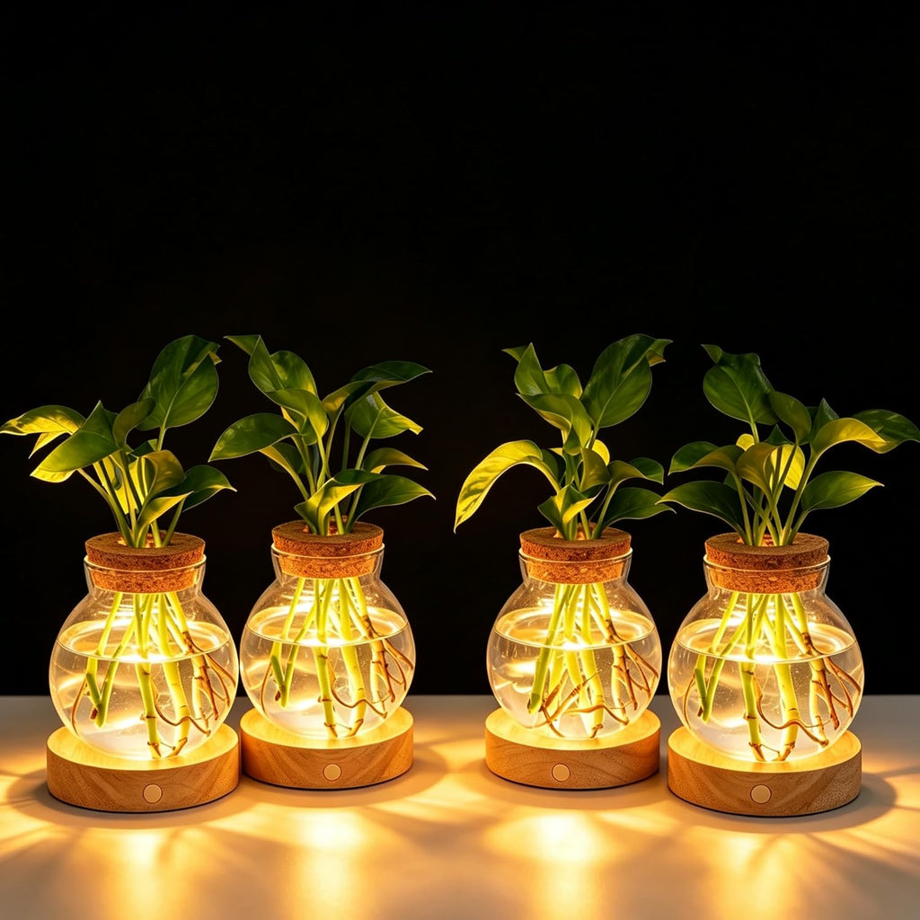 Plant Propagation Station with Light,Everkeen Glass Terrarium with Stepless Dimming Function Hydroponic Glass Container Vase Jars Gardening Gifts for Mom Women Plant Lovers 4 Pack