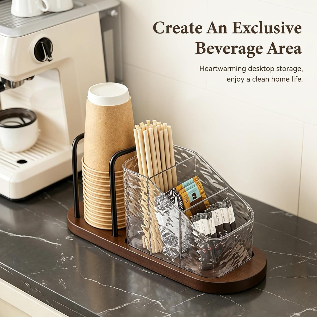 Coffee Station Organizer Caddy with Wood Base, Coffee Bar Accessories