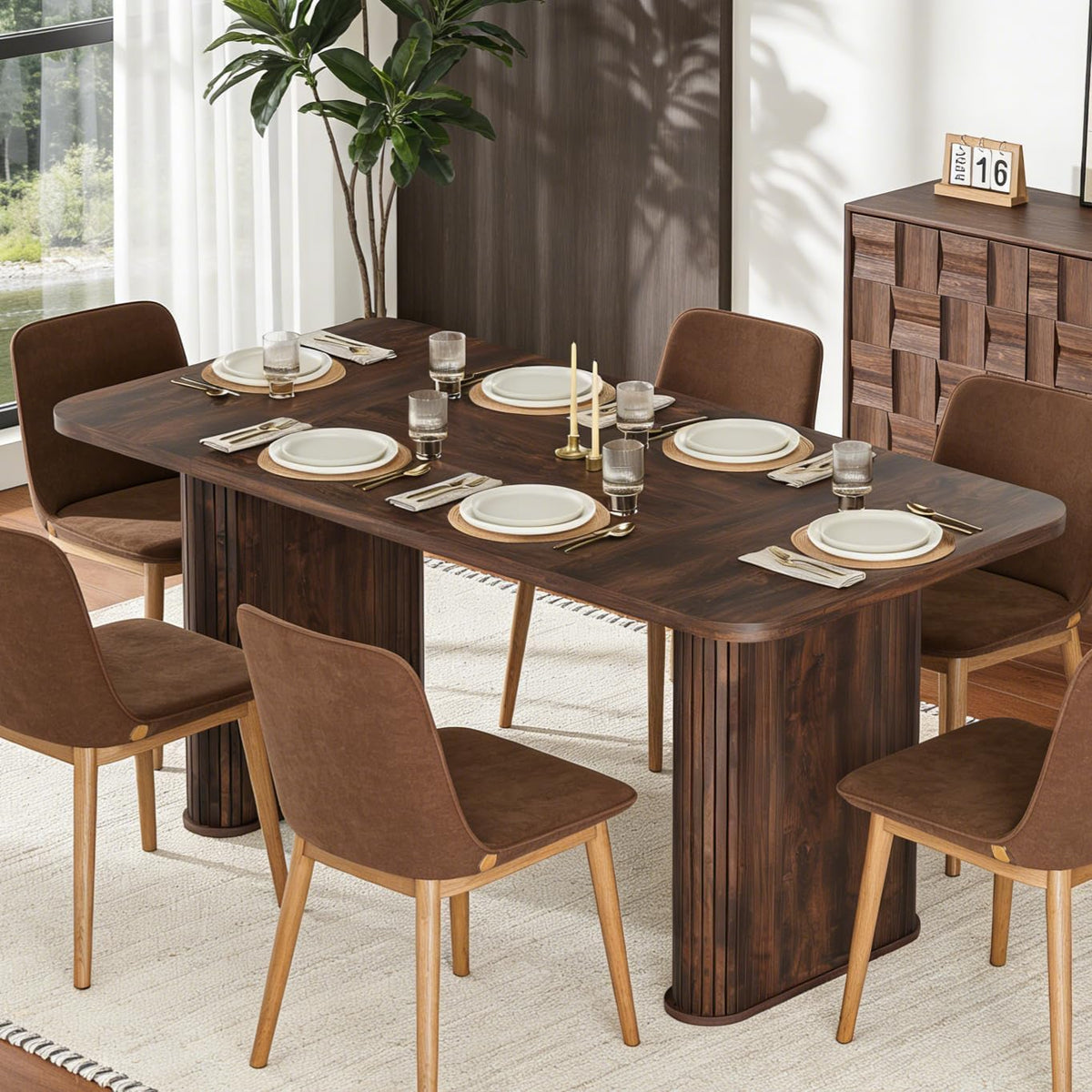 Garvee Dining Table for 6-8 People - 62" Long Kitchen Table, Black Walnut