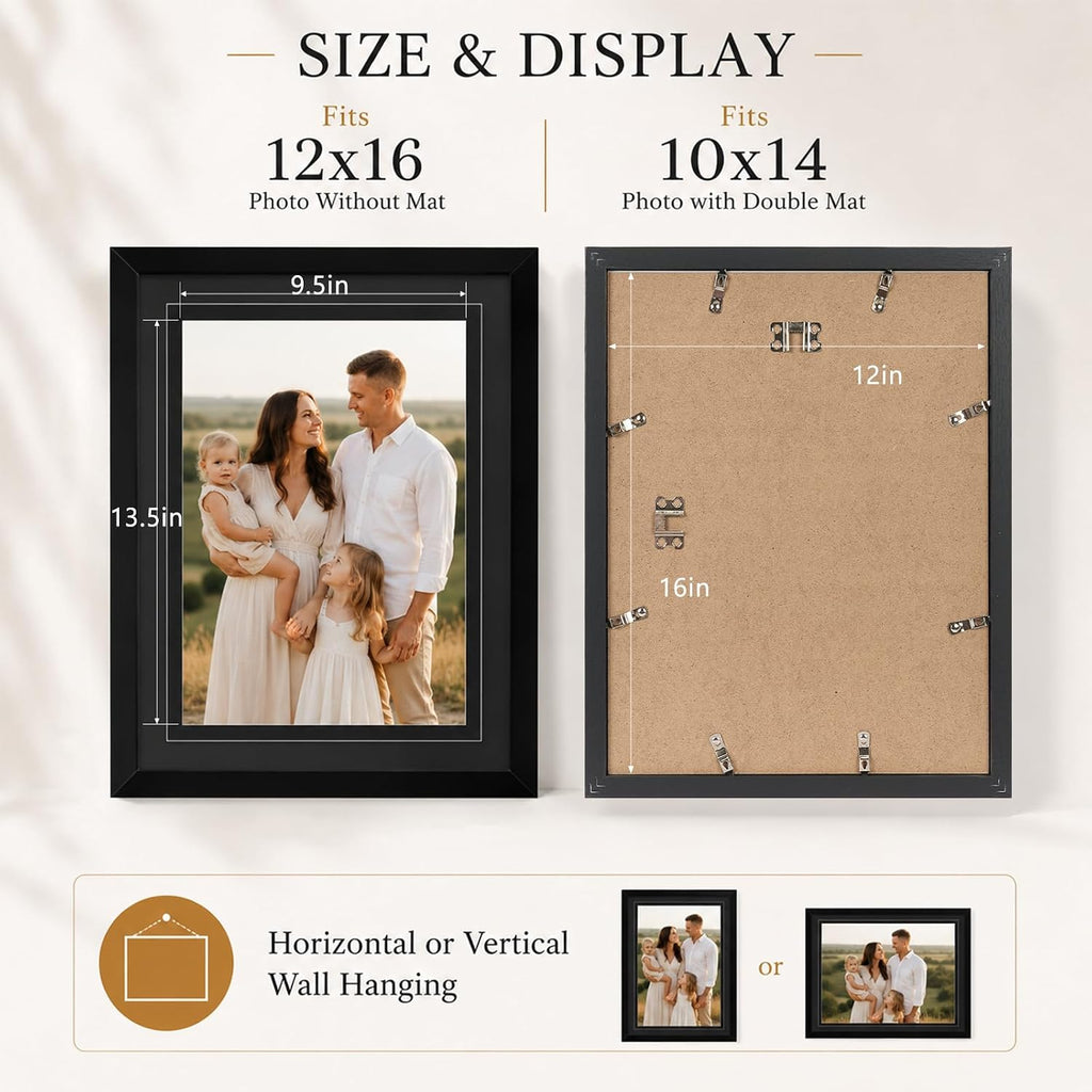 12x16 Double Floating Mat Wood Picture Frame, for 30 x 40cm Diamond Art Painting with Double 10x14 Black Mat, 10x14 Matted Frame with Shatter Resistant Plexiglass, 2 Pack, Black