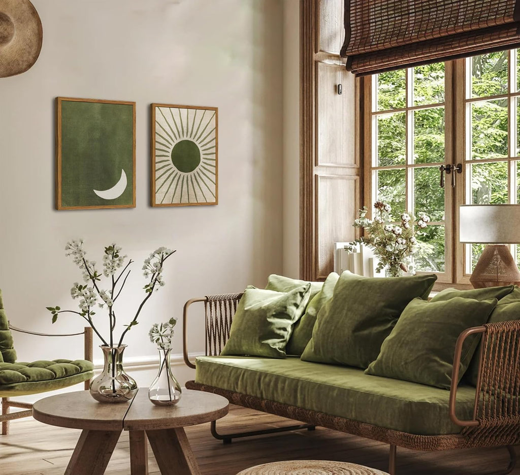 Framed Boho Sun and Moon Canvas Wall Art Set of 2, Vintage Sage Green Bohemian Pictures Wall Decor, Mid Century Modern Abstract Minimalist Paintings Prints for Living Room Bedroom Office 16x24 inch