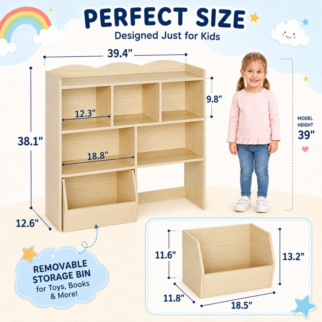 IDEALHOUSE Toy Storage Organizer with Movable Drawers, Kids Bookshelf with Hidden Wheels and 5 Open Cubbies, Multifunctional Storage Cabinet Chest for Playroom
