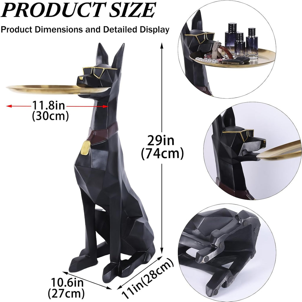 29-Inch Black Resin Geometric Doberman Statue with Tray, Dog Side Table