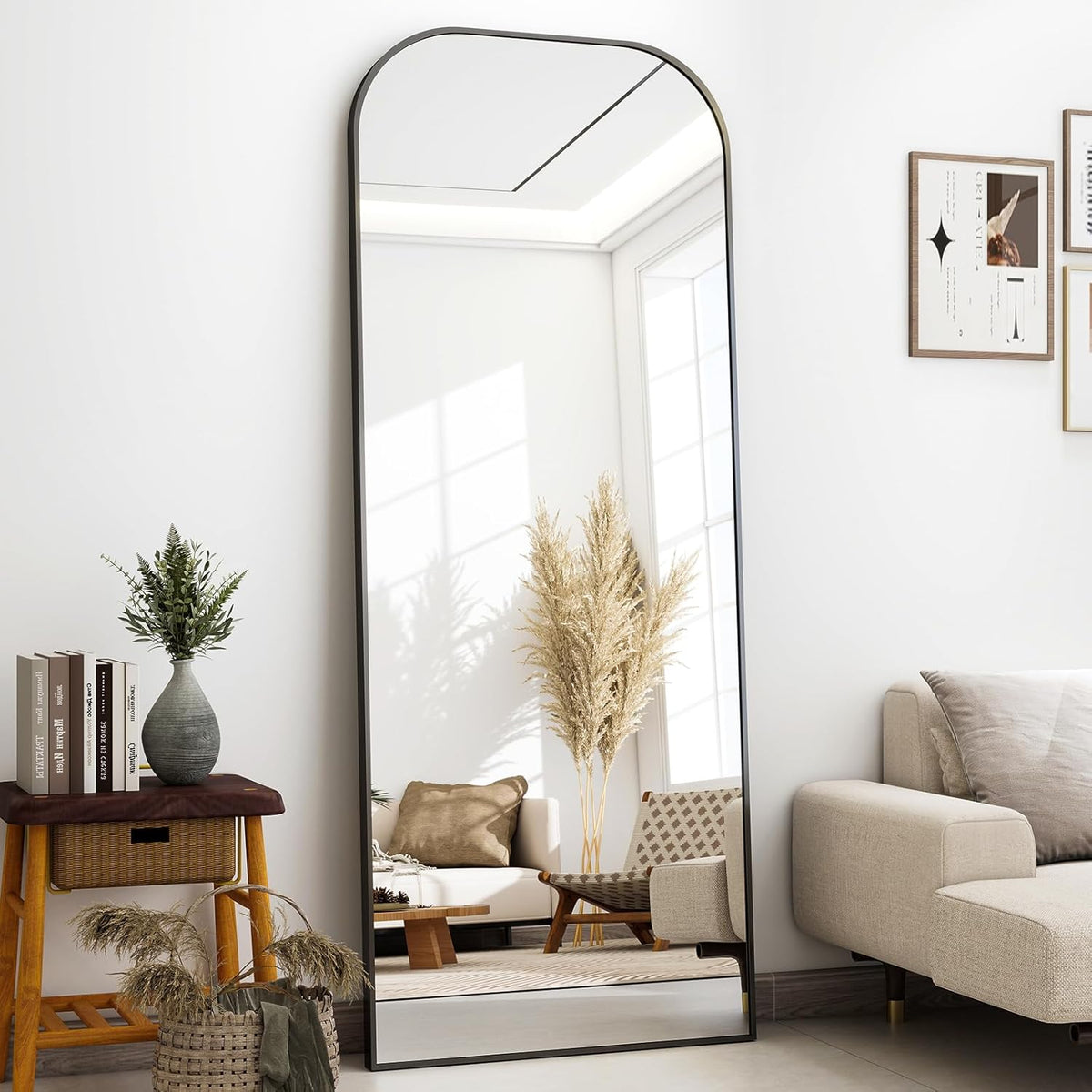 56x21 Inch Full Length Mirror - Large Floor Standing & Wall Mountable Full Body Mirror with Sturdy Aluminum Frame, Arched Top Design, Freestanding or Hanging for Bedroom, Living Room, Cloakroom,Black