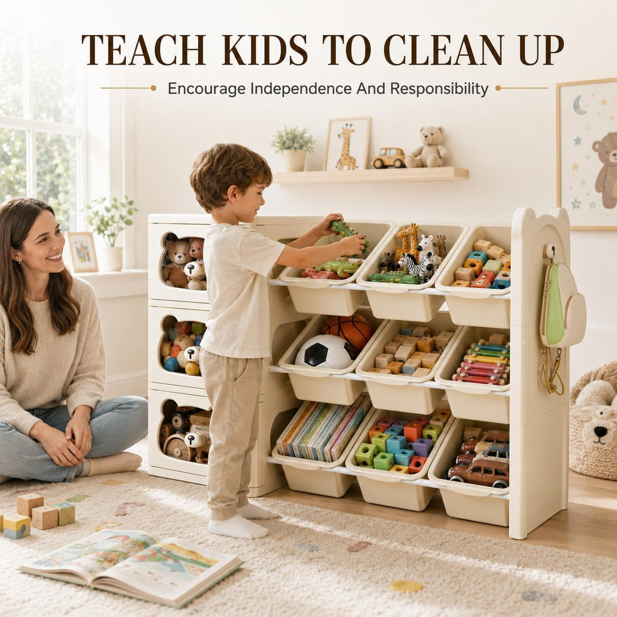 Toy Storage Organizer and Bookshelf with Drawers, Large 3-Tier, Beige