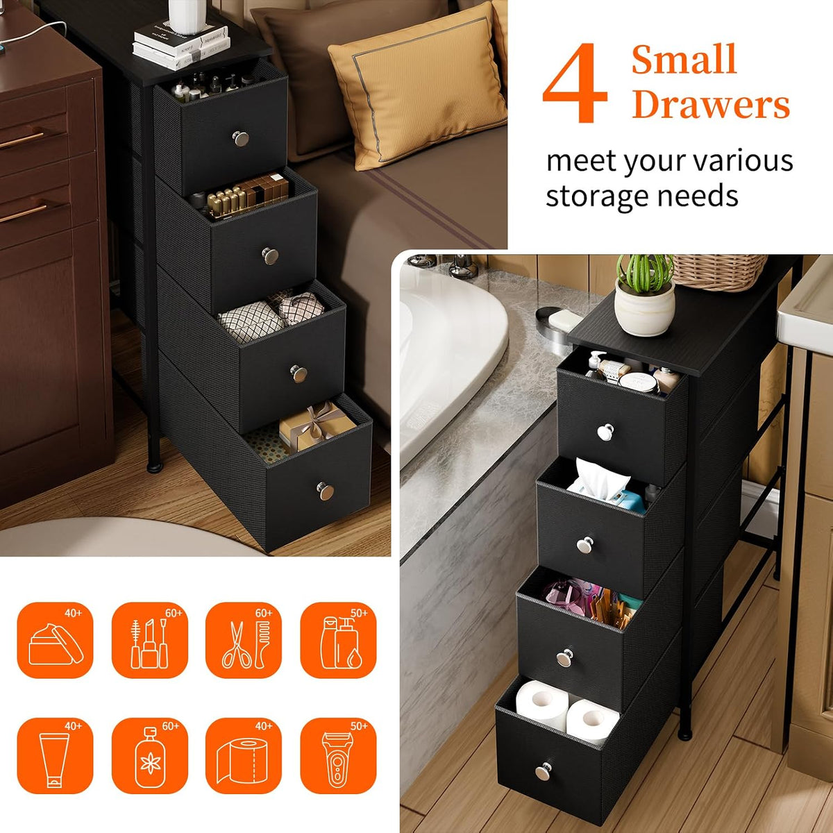 Fixwal Narrow Storage Cabinet, Slim Dresser with 4 Fabric Drawers, Black