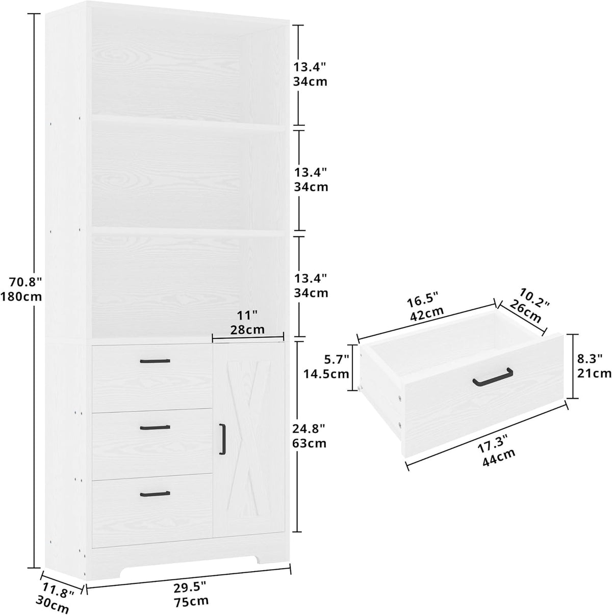 IRONCK 71 in Bookcase with Storage, Industrial Tall Bookshelf with Drawers