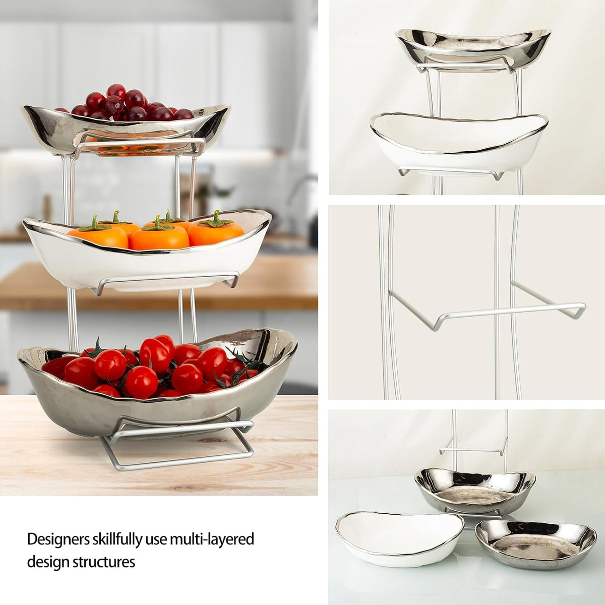 jessie 3 Tier Ceramic Fruit Bowls for Kitchen Counter with Metal Rack, Fruit Basket with Stand, Porcelain Bowls for Fruit Vegetable Bread Candy Snack Nuts (Silver and White Bowl-Silver Rack 3 Layer)