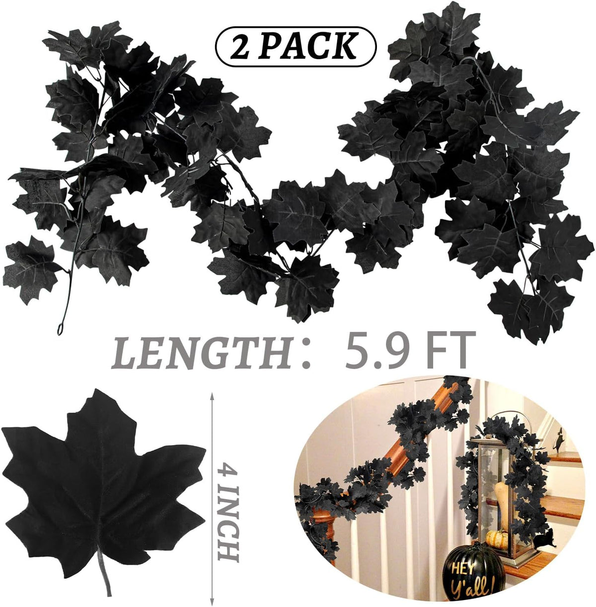 2Pcs Black Maple Leaf Garland Halloween Artificial Fall Leave Vines