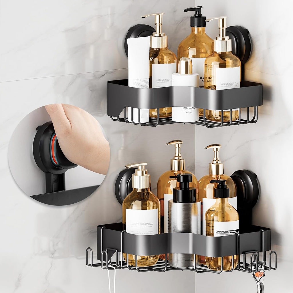 Corner Shower Caddy Suction Cup, Black Shower Organizer With Hooks