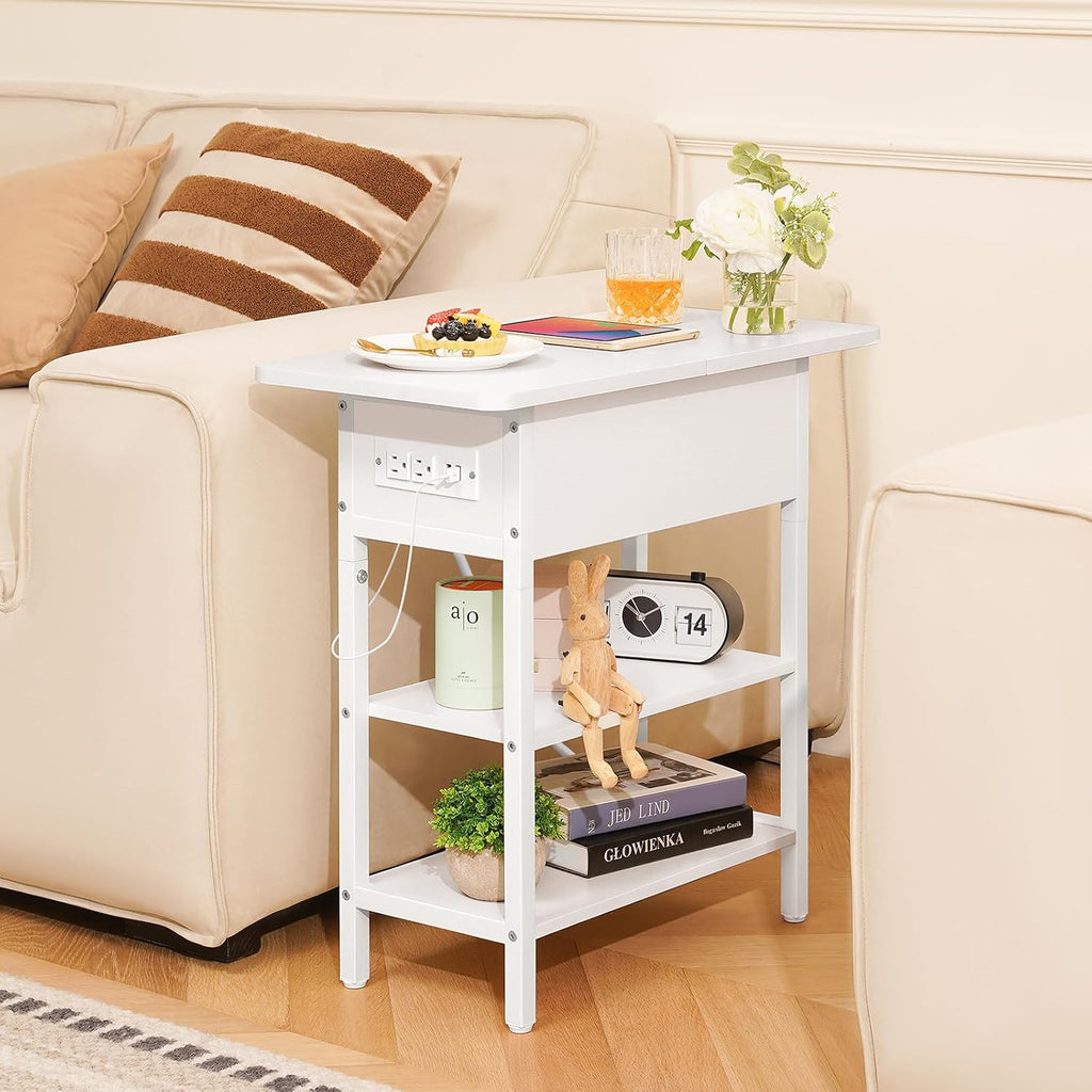 Yoobure End Table with Charging Station, Flip Top Side Table with USB Ports and Outlets, Sofa Couch Table Bedside Table for Living Room Bedroom, Narrow Nightstand with Storage Shelves for Small Spaces