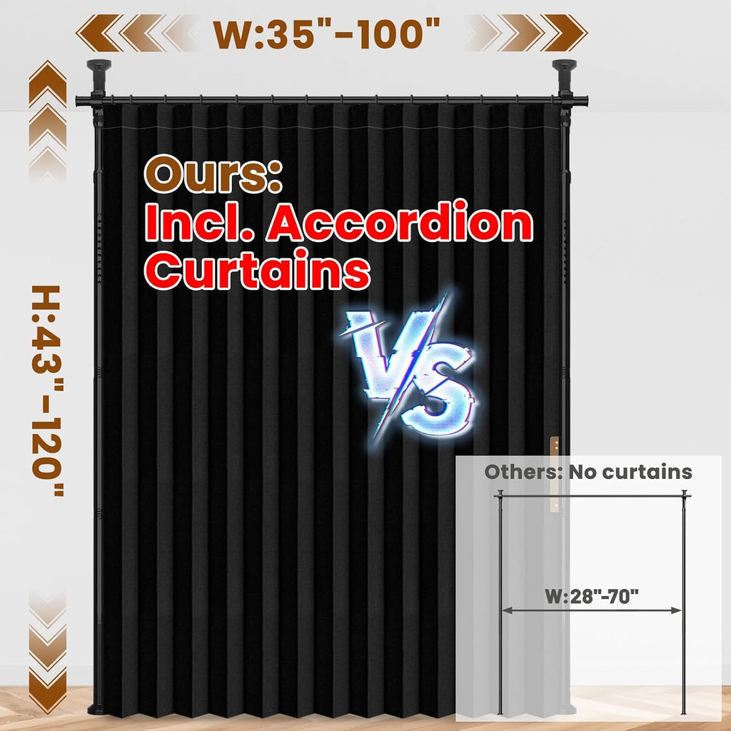 100% Blackout Room Divider Curtains Sets Black 1 Panel W100 x L84in No Drill Curtain Rods(H) 43-120×(W) 35-100 in for Bedroom Privacy Partition Separator