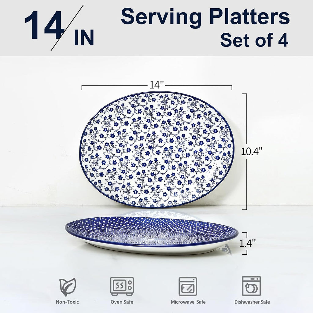 Selamica 14 Inch Oval Large Ceramic Serving Platter Set of 4, Vintage Blue