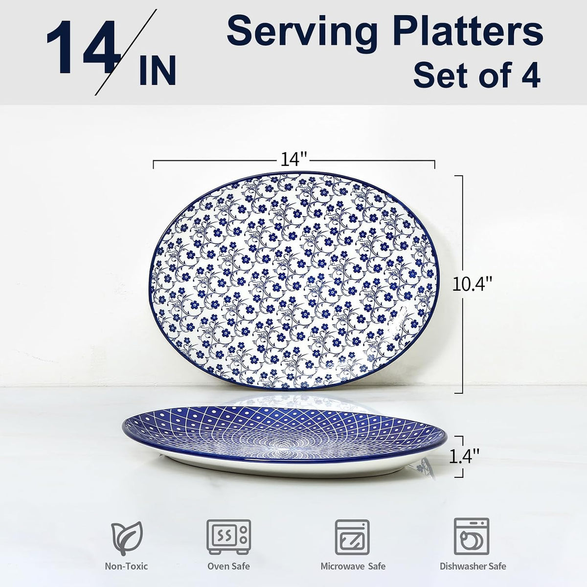 Selamica 14 Inch Oval Large Ceramic Serving Platter Set of 4, Vintage Blue