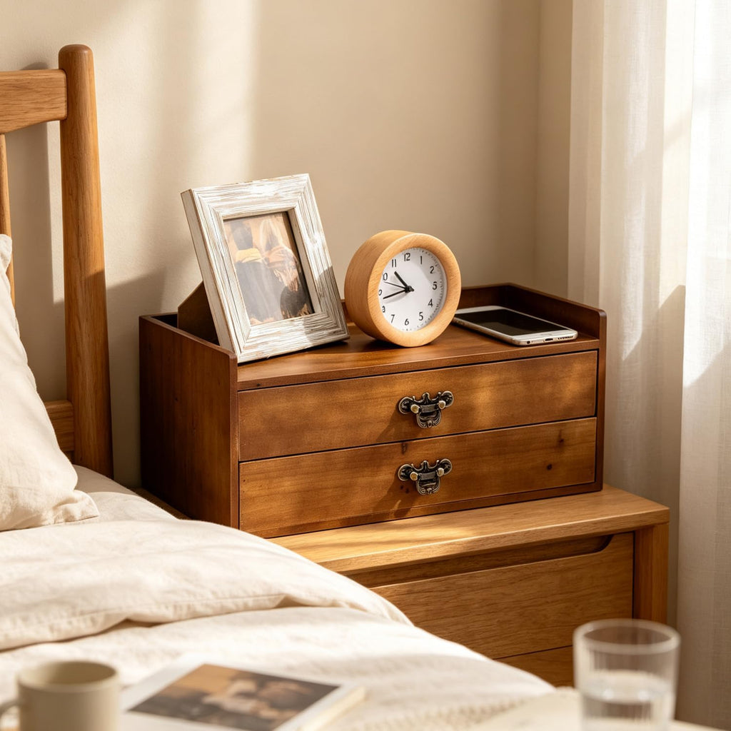 Desk Organizer Drawers Light Brown Vintage Wood Desktop Storage Box