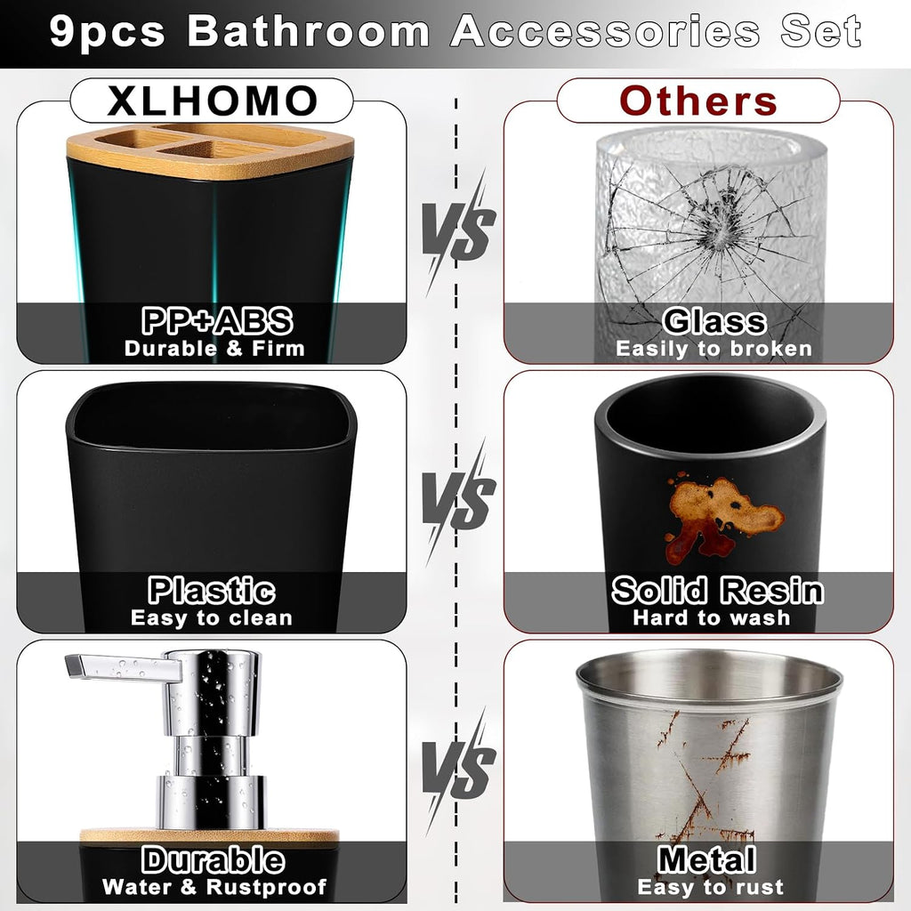 XLHOMO Black Bathroom Set - 9 Piece Accessory Set with Trash Can