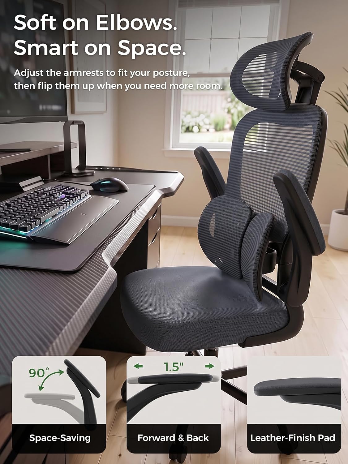 Ergonomic Office Desk Chair, Adjustable Dual Lumbar Support & Thick Seat