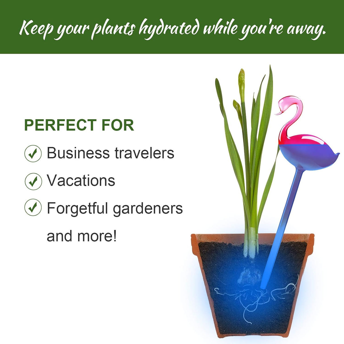 NiHome Self Watering Globes 2 Pack Glass Plant Waterer Flamingo Pink 10in