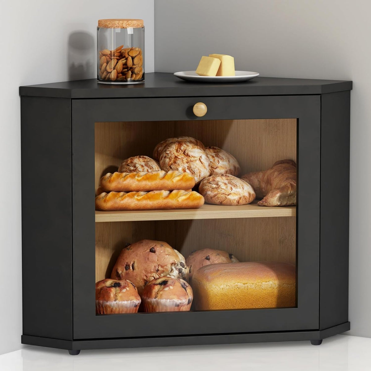 Goozii Corner Bread Box 2 Tier, Double Layer Black Breadbox for Countertop