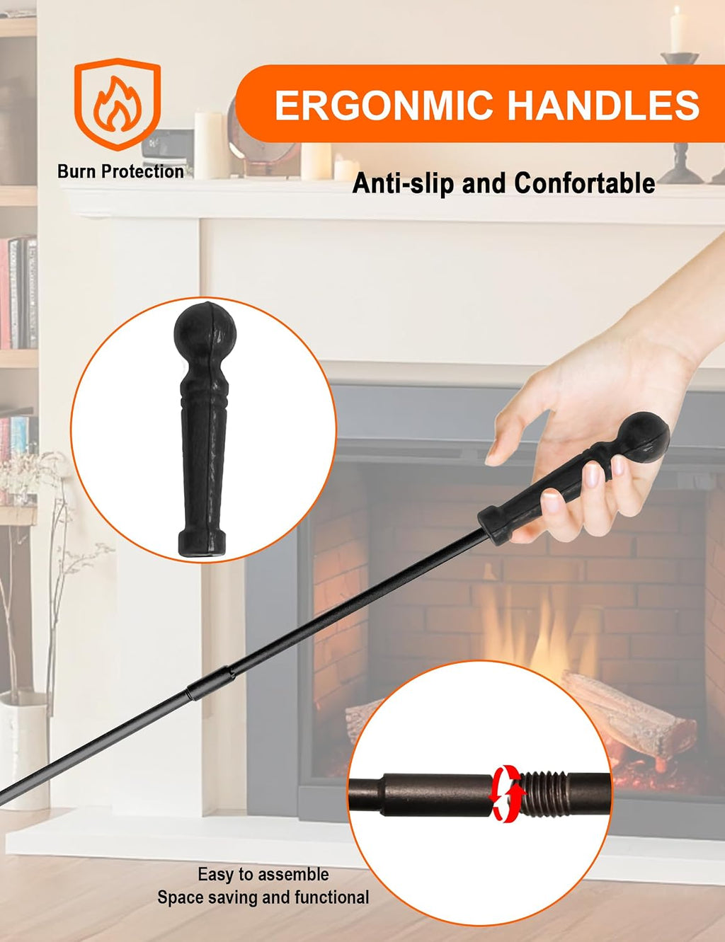 Large 5 Pcs Fireplace Tools Set Black Fire Place Tools Indoor Outdoor Fire Place Poker Set with Stand, Including Fireplace Poker,Fireplace Tongs,Fireplace Shovel,Fireplace Brush and Sturdy Base