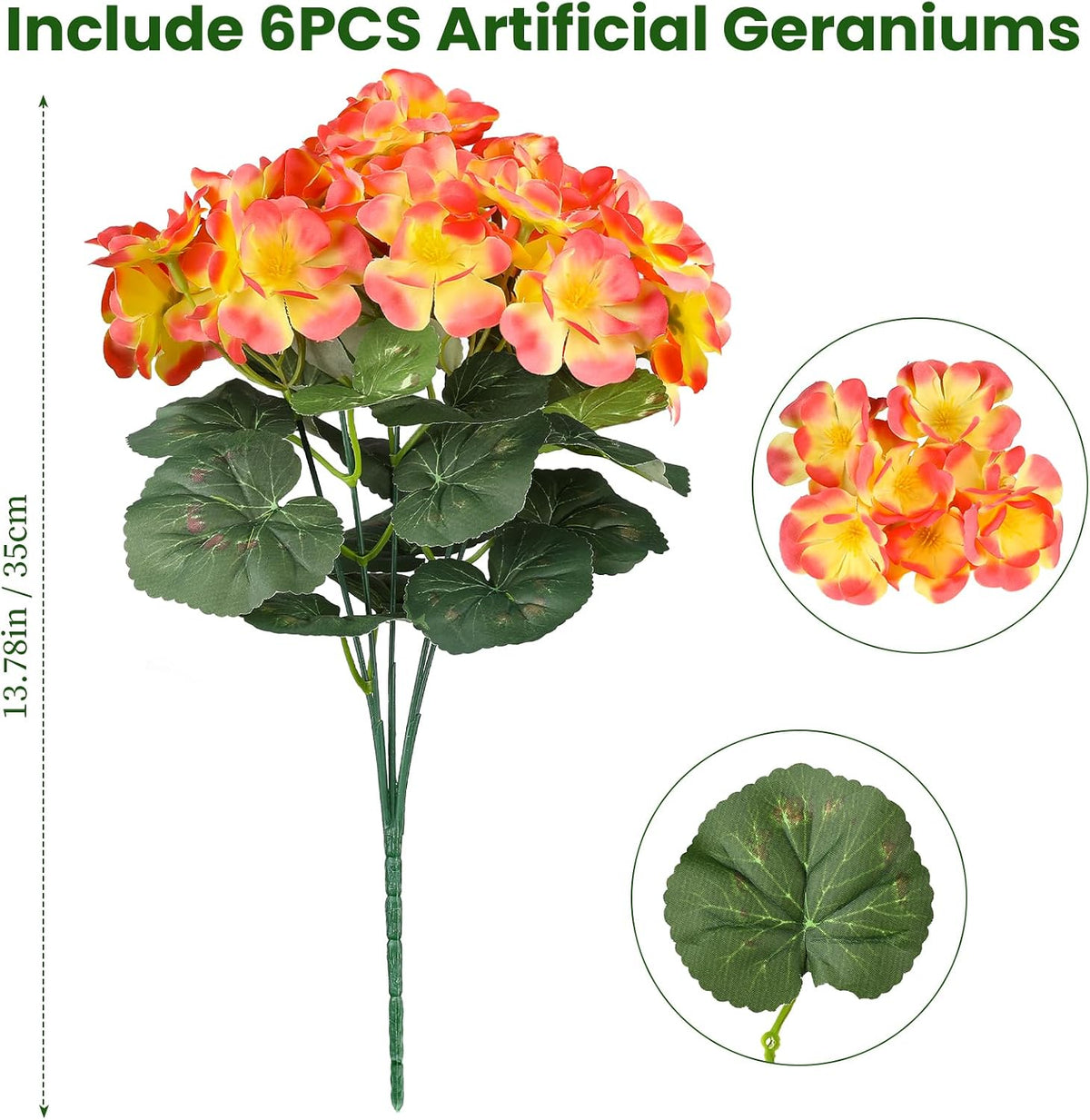 Artificial Fall Flowers for Outdoors, 6PCS Silk Geraniums, Sunset