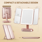 FRANO Lighted Makeup Mirror with 1X/3X/5X Magnification, Elegant Rose Gold Trifold Vanity Mirror, Smart Touch & Sensor, 3 Lighting Modes, Rechargeable Portable Mirror for Gift - Rose Gold