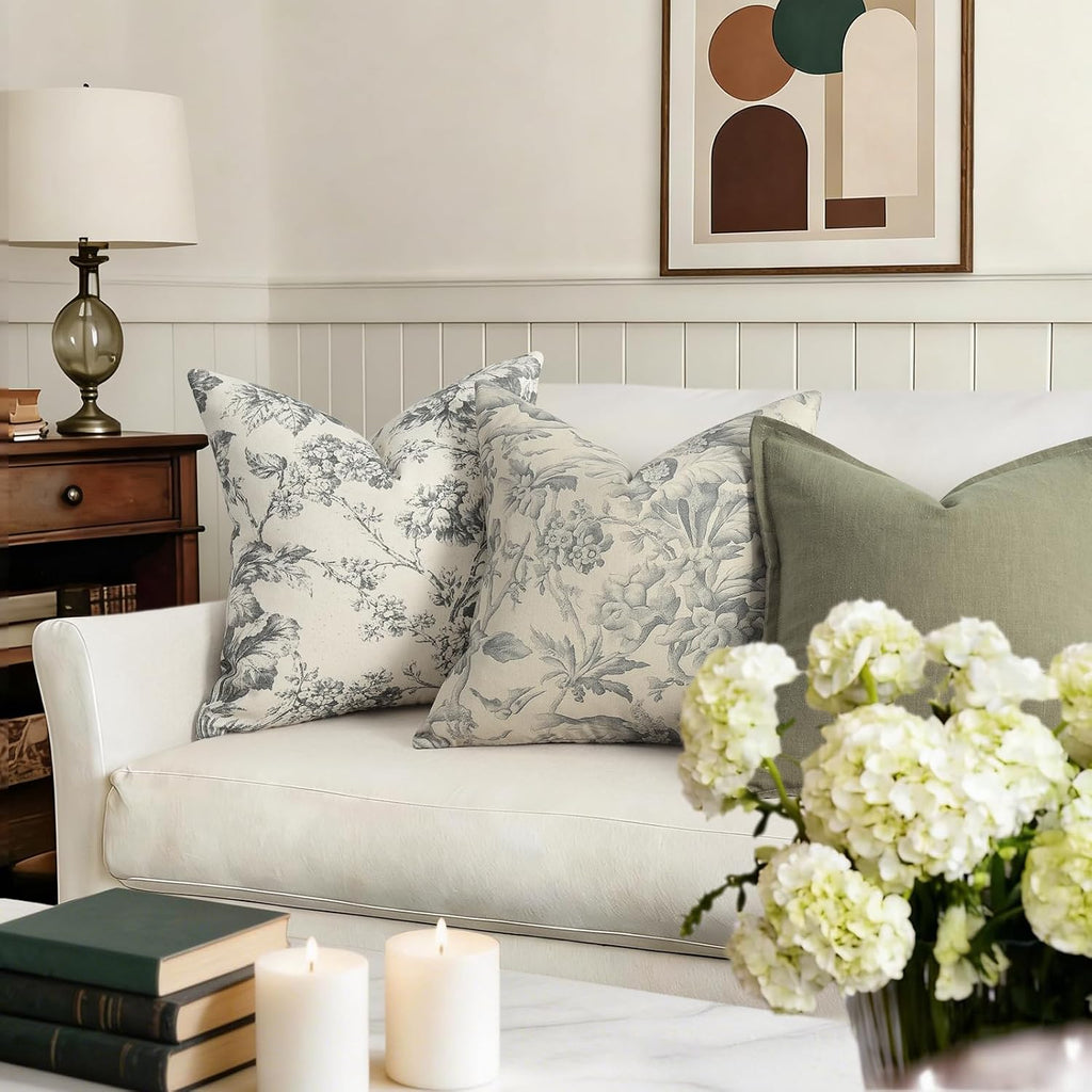 Buenohuas Farmhouse Decorative Pillow Covers 20x20 Set of 2, Vintage Botanical Floral Patterned Cushion Covers for Sofa Couch Chair Bed Living Room Home Decor Accents, Charcoal Gray