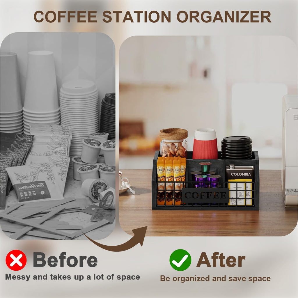 Coffee Station Organizer for Countertop, Wood Coffee Bar Organizer with Removable Dividers for Pods, Syrup, Cups, Stirrer, Tea - Office Bar Accessories, Iron Wire-Black
