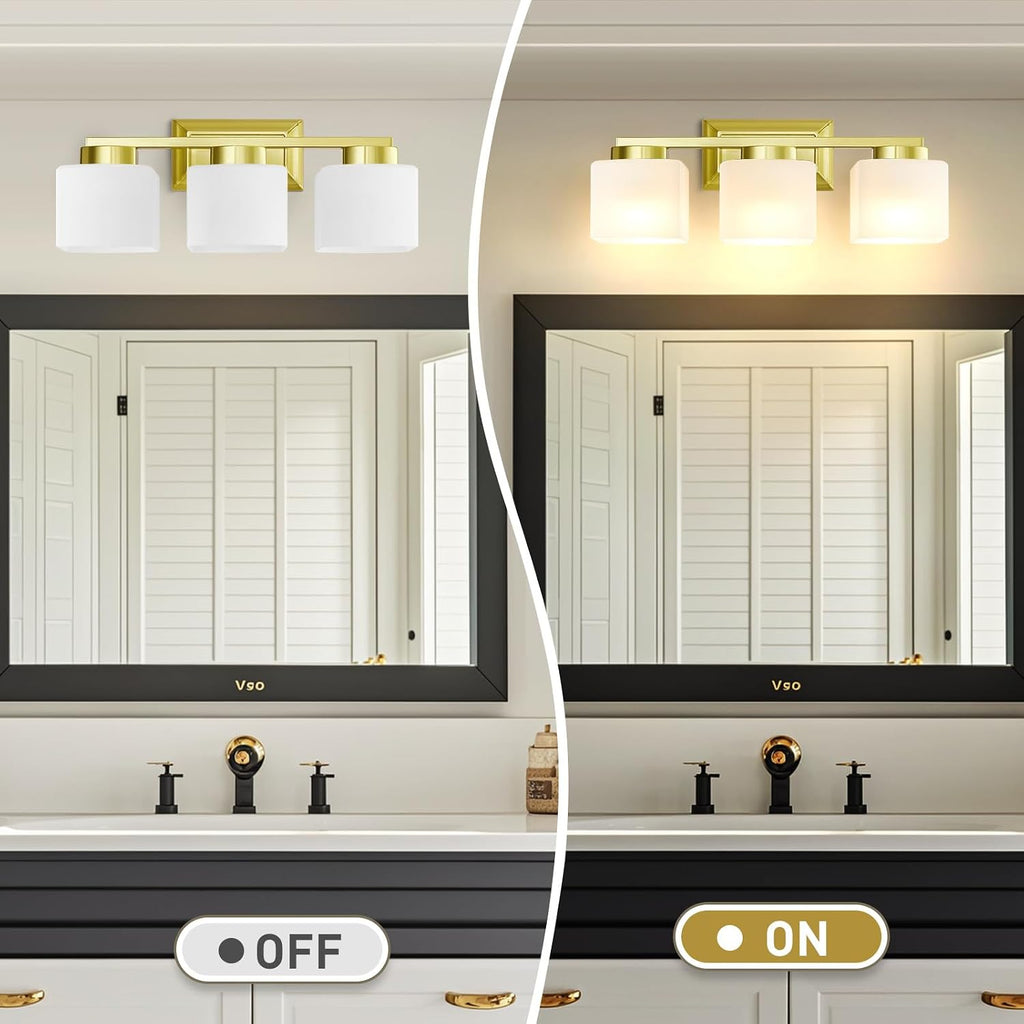 EJIAXIN 3-Light Bathroom Light Fixtures - Gold Bathroom Vanity Lights with Glass Shade Modern Bathroom Lighting Fixtures Over Mirror - Wall Sconce Lamps for Bedroom,Living Room,Hallway