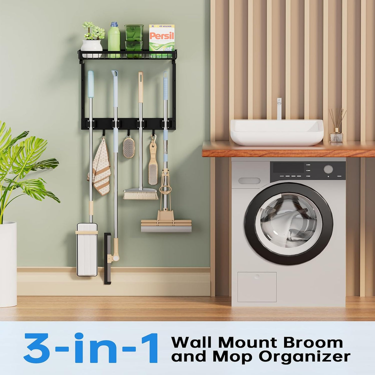 Broom Holder Wall Mount, Mop Organizer with Cleaning Tools Storage Shelf