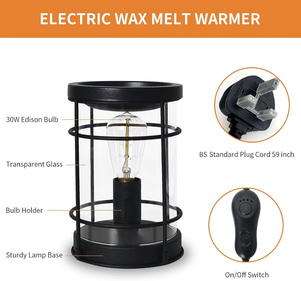 LIFFY Candle Wax Melt Warmer - Wax Warmer Scented, Fragrance Oil Burner, Metal Melter Lamp for Rustic Home Decor Office Bedroom Aromatherapy, Birthday Gifts for Women, Timer & 2 Edison Bulbs